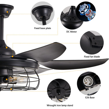 Black Iron Ceiling Fan with Light for Bedroom Decor and Guest Rooms