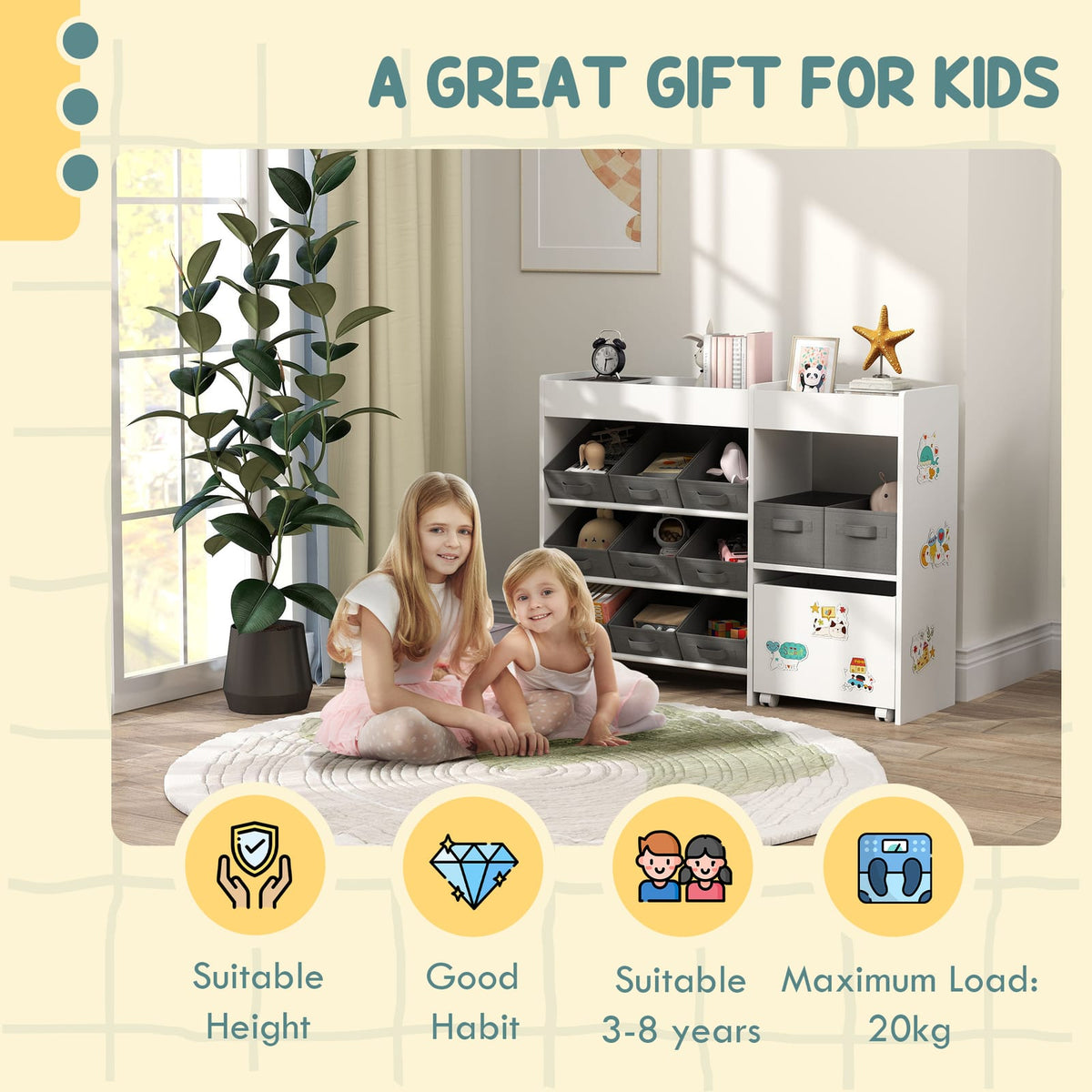 White Fabric Toy Storage Shelf with 11 Bins for Kids Playroom