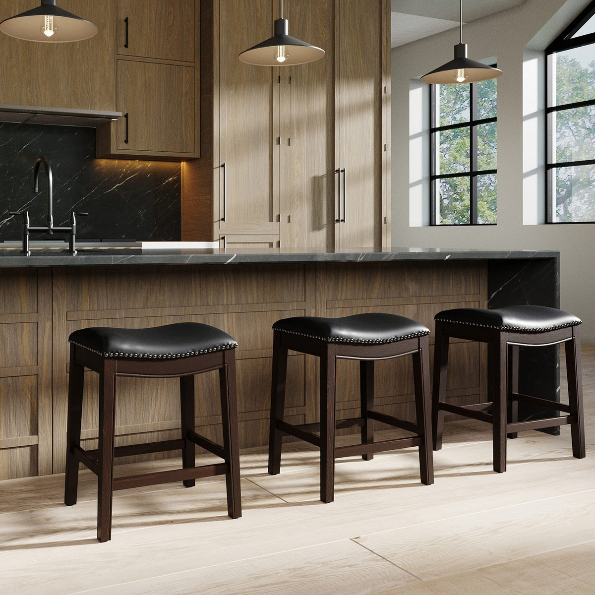 Black Counter Height Barstool - PU Leather Seat, 18" Wide for Bedroom