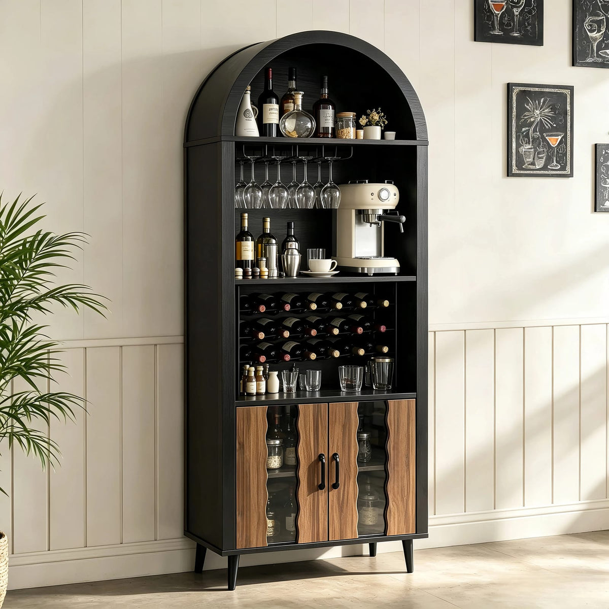 70.87" Farmhouse Wine Bar Cabinet - Black Natural MDF LVL