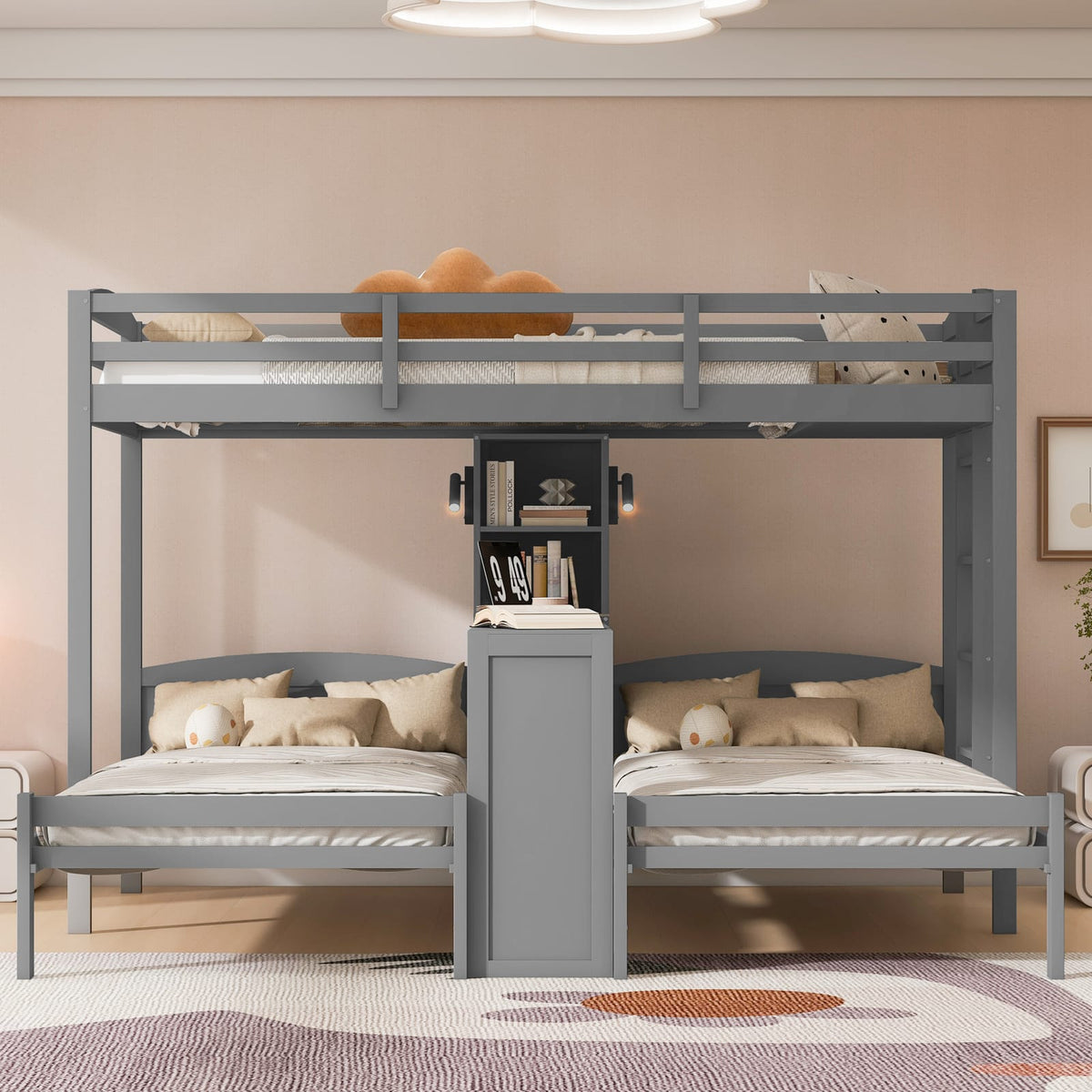 Gray Solid Wood Bunk Bed with Integrated Desk and Storage for Bedroom