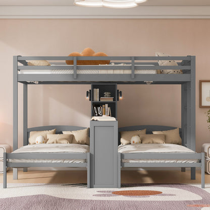 Gray Solid Wood Bunk Bed with Integrated Desk and Storage for Bedroom