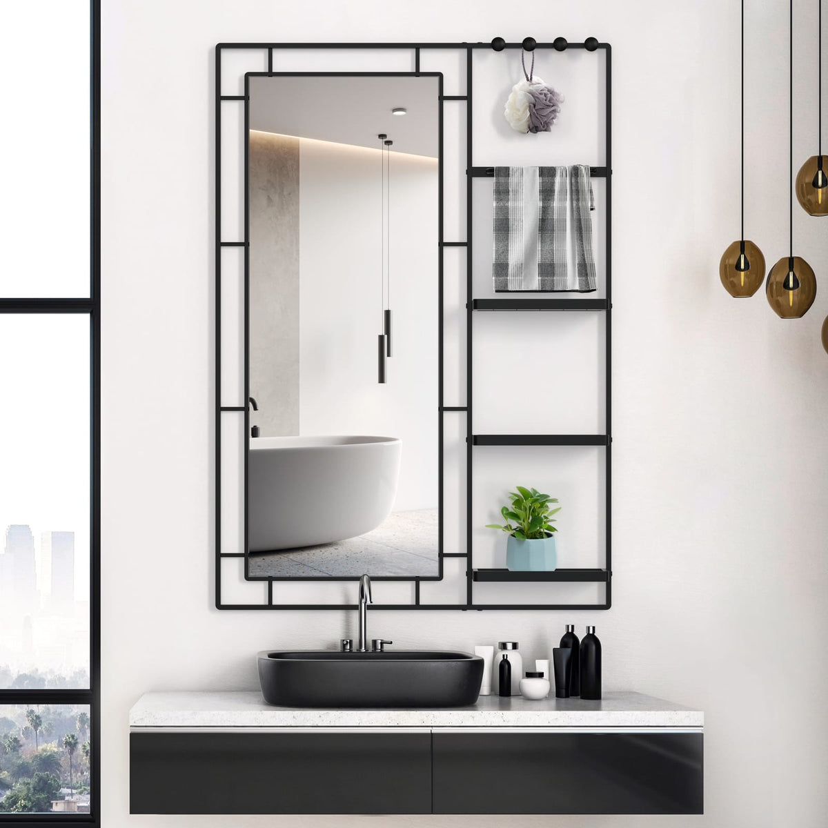 30x44 Ines Modern Vanity Mirror - Black Frame, Multi-functional Shelf