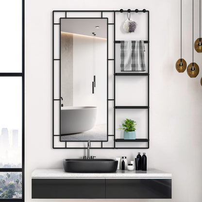30x44 Ines Modern Vanity Mirror - Black Frame, Multi-functional Shelf