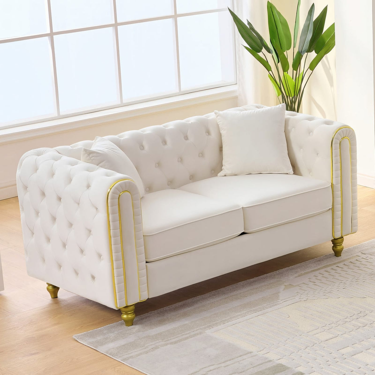 63" Beige Velvet Loveseat Sofa - Button Tufted Primary Living Space for Living Room