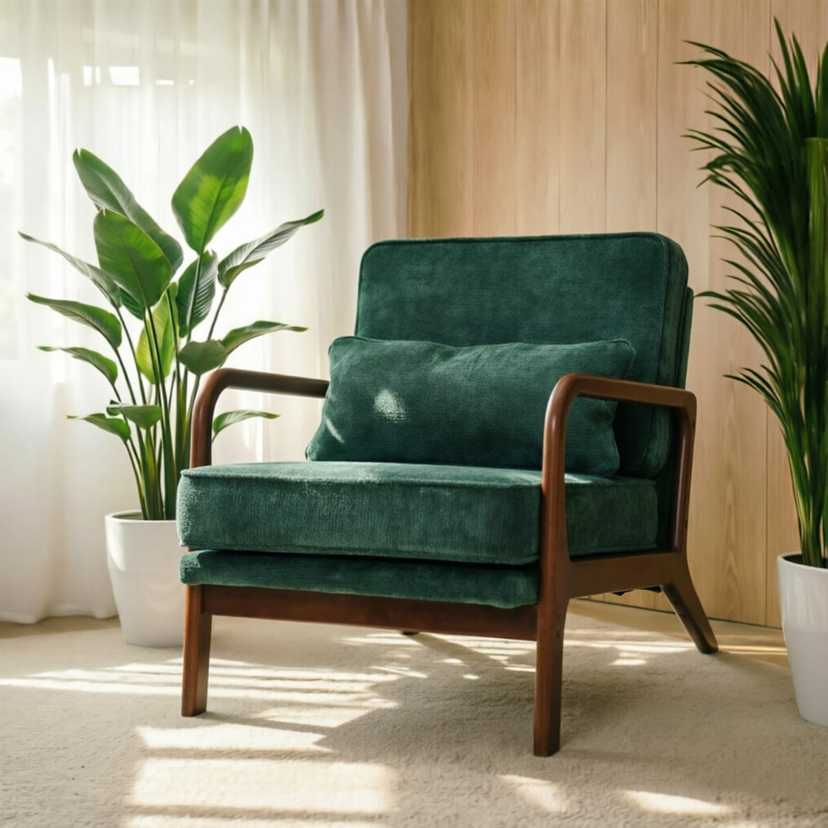Mid-Century Modern Lounge Chair, Dark Green Polyester - Accent Chair for Living Room