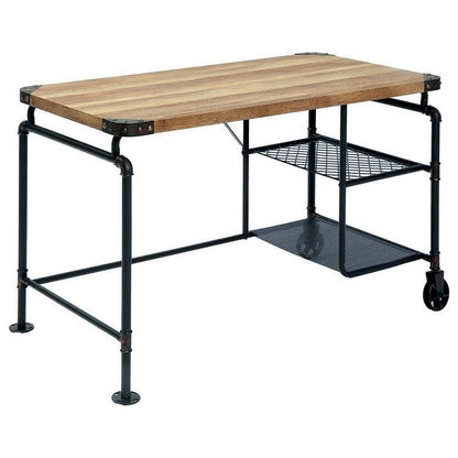 47 Inch Industrial Writing Desk - Black Metal, Brown Wood Storage