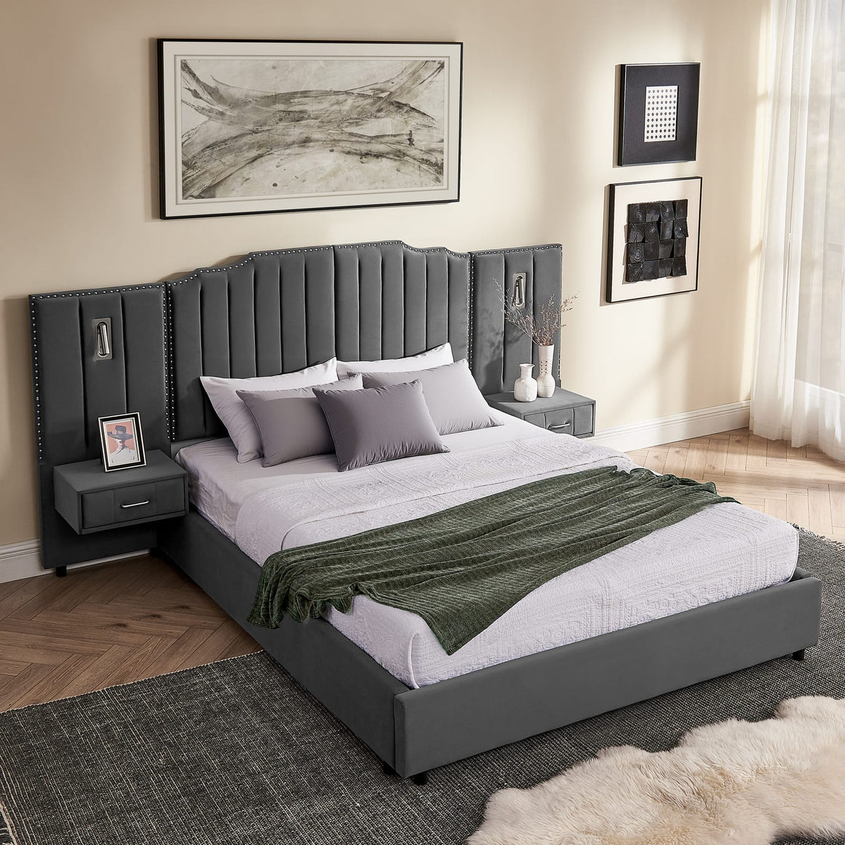 Queen Size Upholstered Bed Frame - Gray Velvet, Vertical Stripe Design