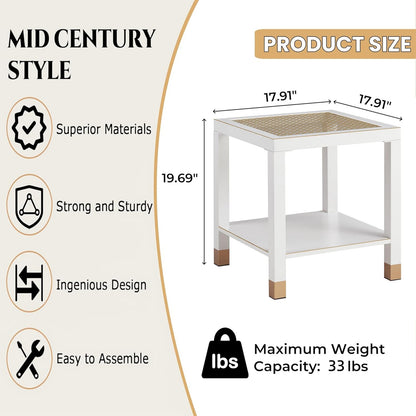 White+Gold Glass End Table - Modern Square Side Table for Living Room