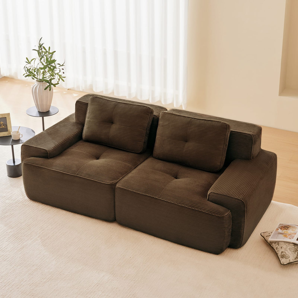 Brown Corduroy 2-Seat Modular Sofa - L-Shaped Sectional for Living Room