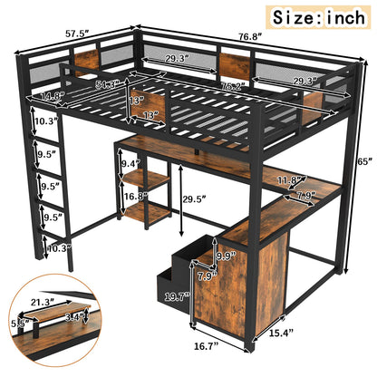 Black Full Loft Bed with Storage and Desk, Metal Frame for Bedroom