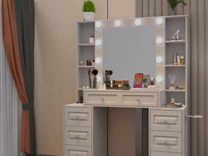 White Vanity Desk with Mirror & Lights - Charging Station for Bedroom