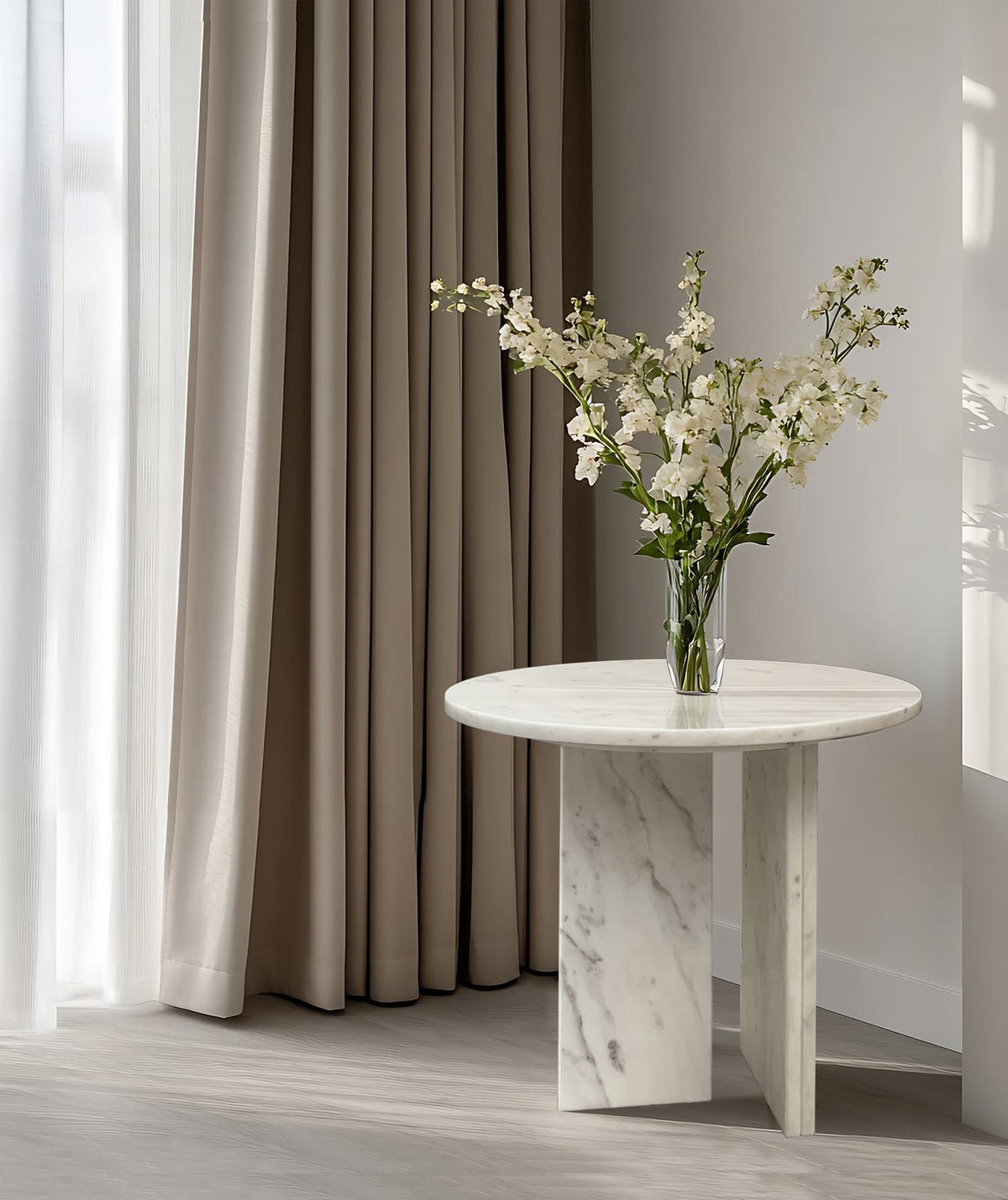 White Natural Marble Round Accent Table - Small Side Table, 17.7 Inch