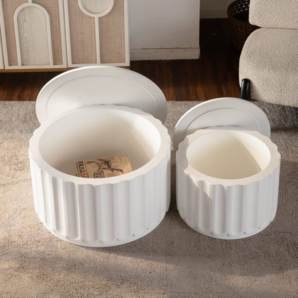 White Round Storage Table Set - Lift-Off Lid, Modern Design