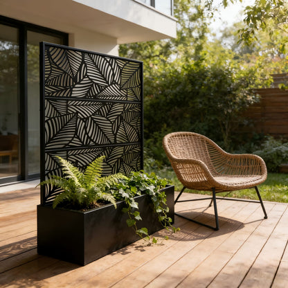 70.87" H Leaf Pattern Privacy Screen with Planter Box - Black Iron