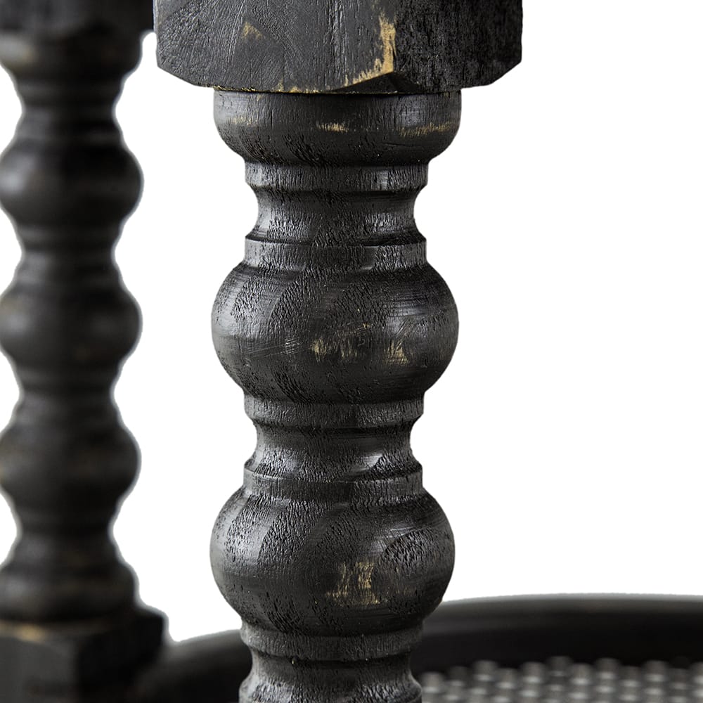 Black Wood Round Coffee Table with Rattan Shelves