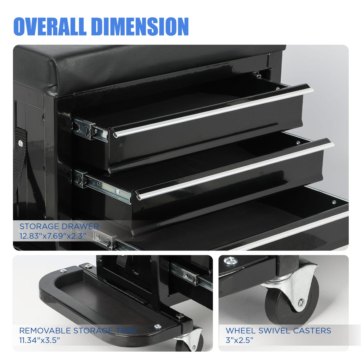 3 Drawer Tool Chest Rolling Seat - Black Steel