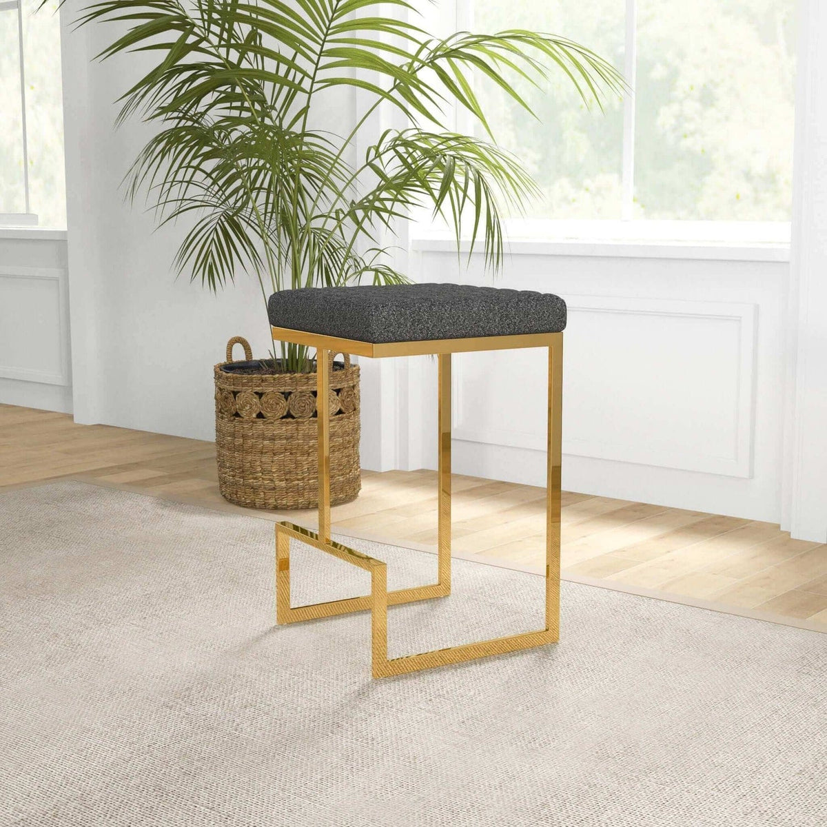 Grey Velvet Mid Century Stool - Dining Room Accent