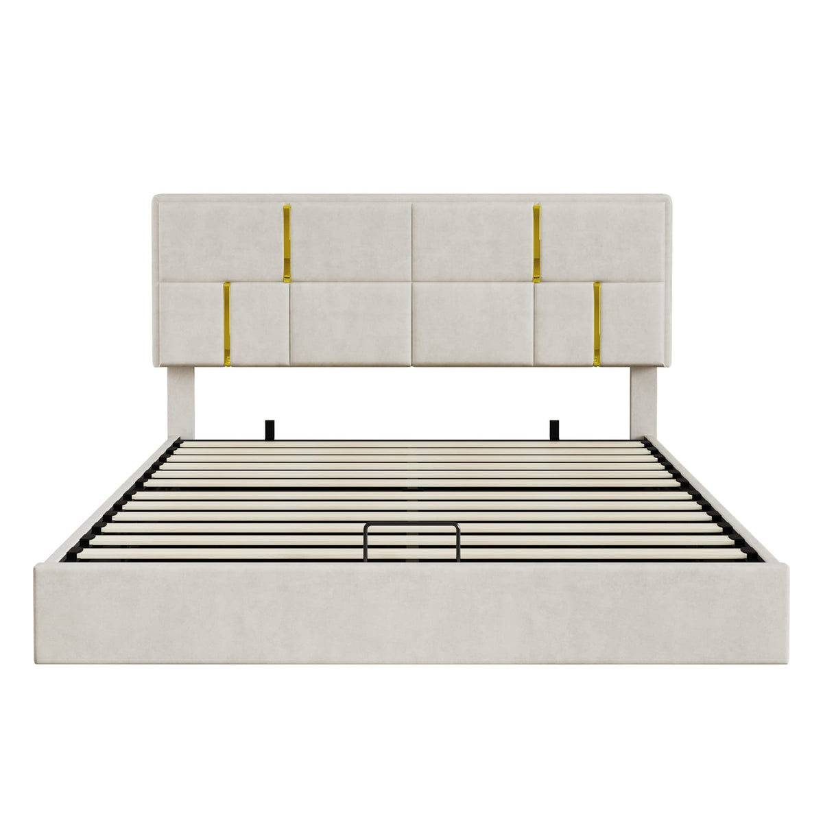 Beige Velvet Platform Bed with Hydraulic Storage for Queen Size for Bedroom