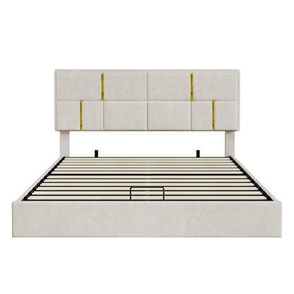 Beige Velvet Platform Bed with Hydraulic Storage for Queen Size for Bedroom