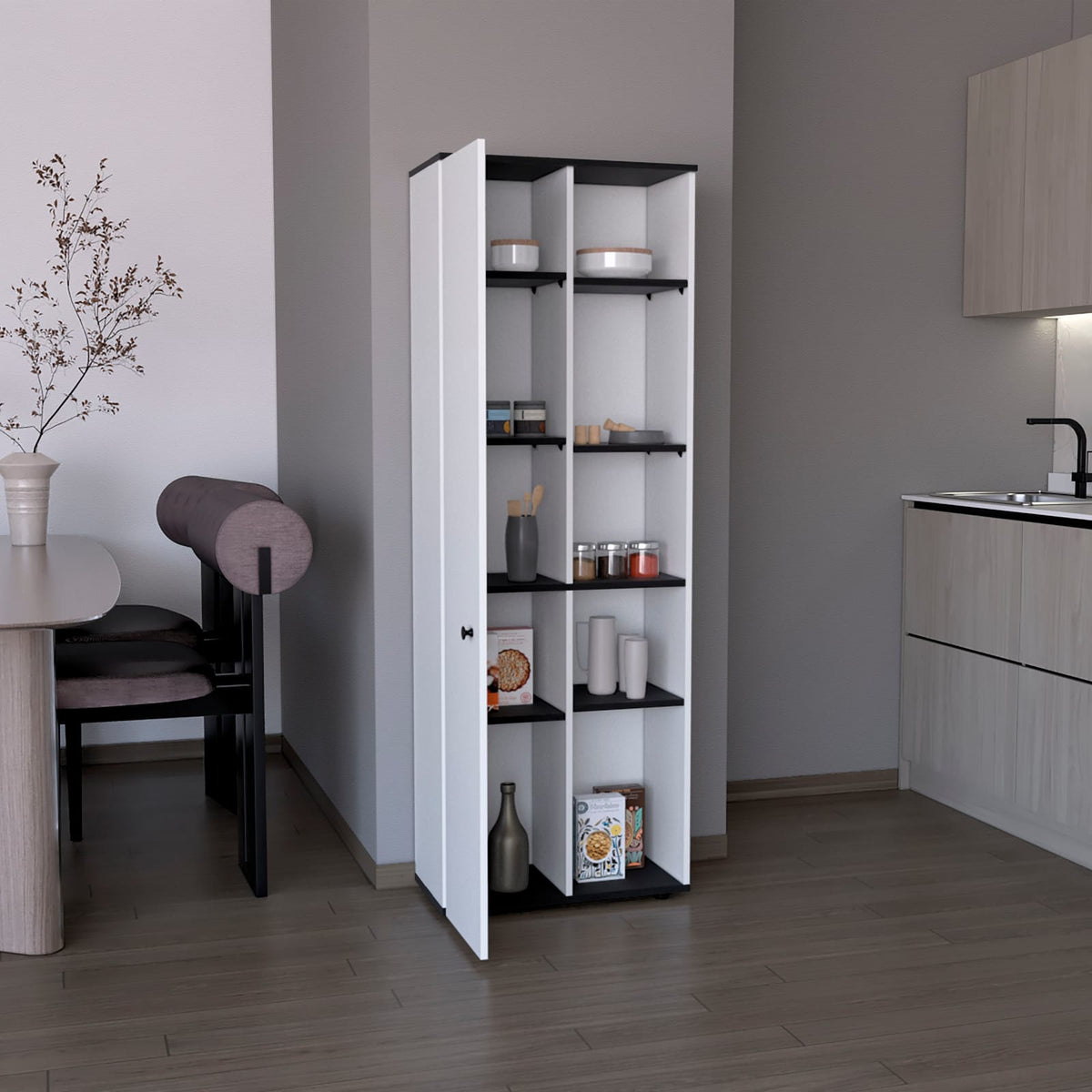 Compact Kitchen Storage Cabinet with White and Black Finish for Dining Room
