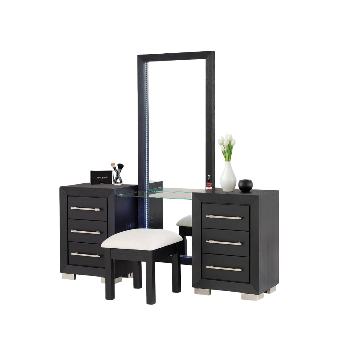 Black Acacia Wood Makeup Vanity with 5 Drawers for Bedroom