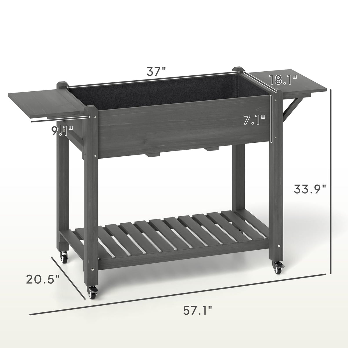 Grey Wood Raised Garden Bed - With Wheels & Storage