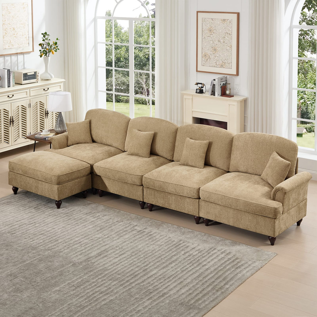 Light Coffee Chenille Modular Sectional Sofa with Removable Ruffles for Living Room