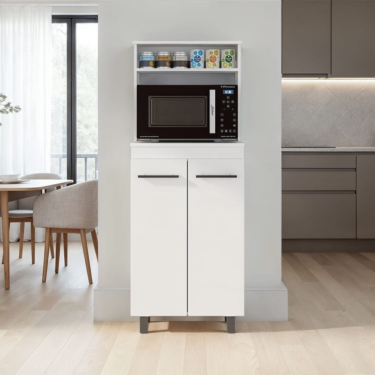 Modern White Kitchen Storage Cabinet with Microwave Shelf