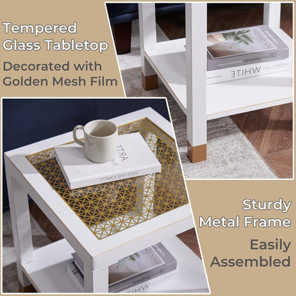 White+Gold Glass End Table - Modern Square Side Table for Living Room