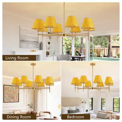 Gold Rattan Chandelier - 8 Lights Iron Frame, 38.6" Boho Pendant Light