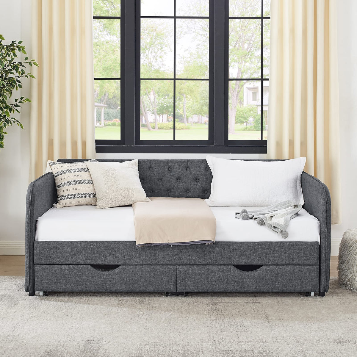 Dark Gray Linen Twin Daybed with Trundle Bed