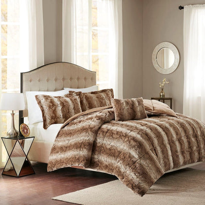 King Size Brown Polyester Faux Fur Comforter Set