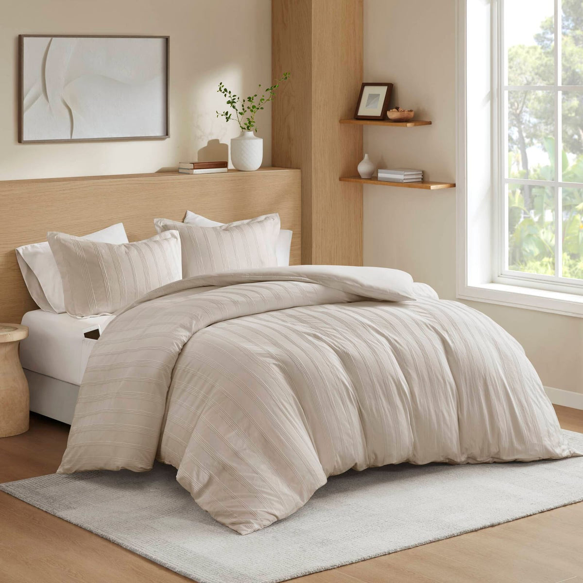 3-Piece Full Woven Striped Duvet Set - Neutral Comfort