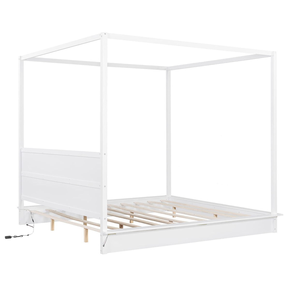 King Size Wood LED Canopy Bed - White Platform Bed No Box Spring