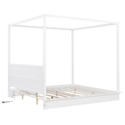 King Size Wood LED Canopy Bed - White Platform Bed No Box Spring