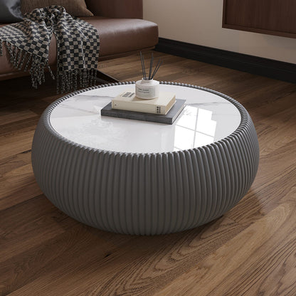 Light Sintered Stone Top Drum Shape Leather Coffee Table - Modern Sofa Table