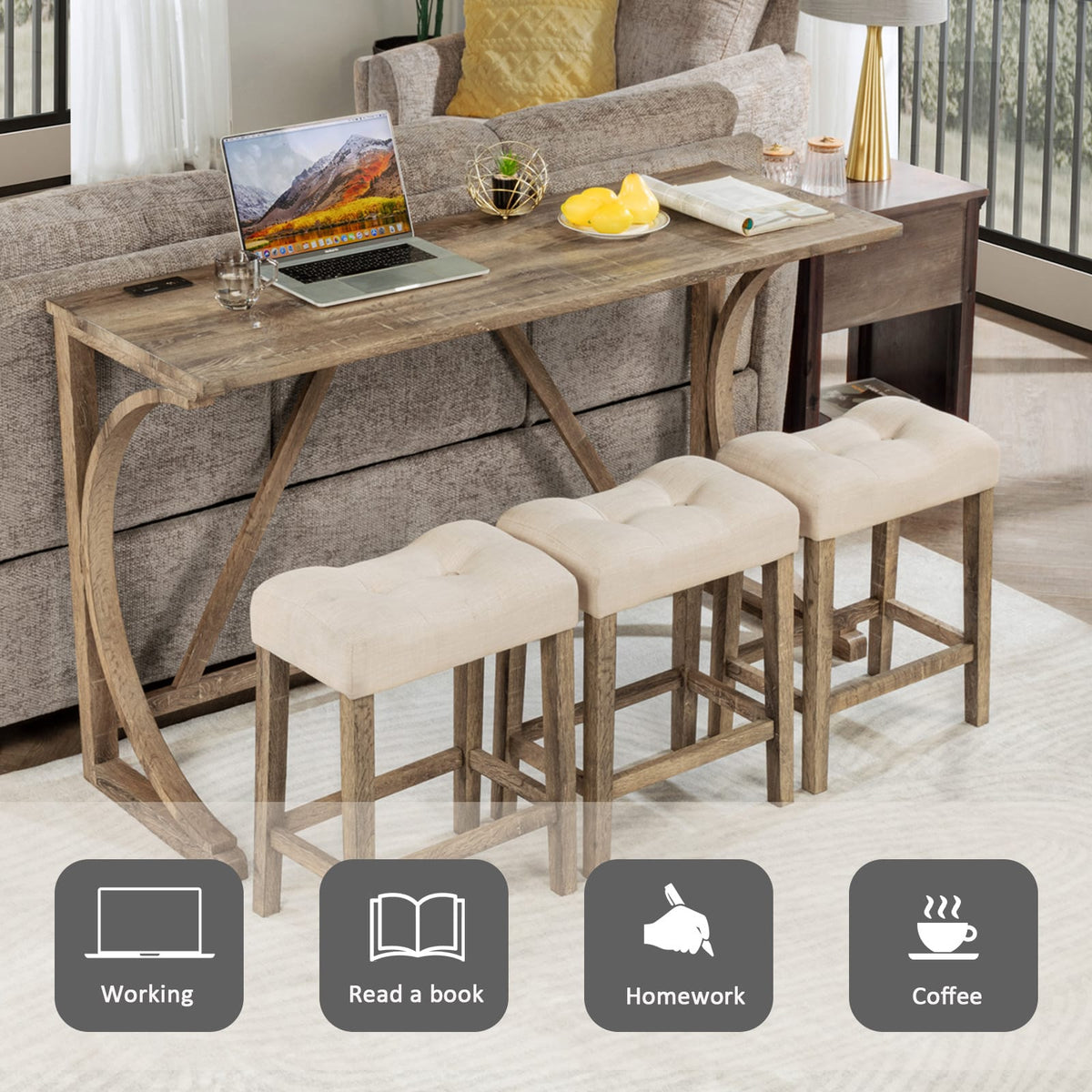 Brown Rectangular Bar Table Set with 4 Chairs