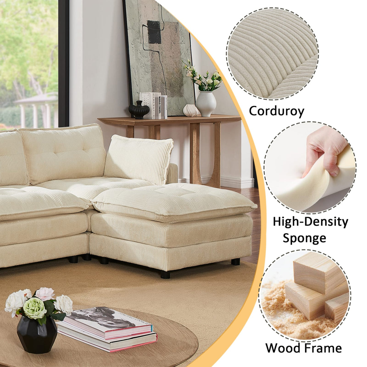 119" L-Shaped Corduroy Sectional Sofa with Ottoman & Console, Beige