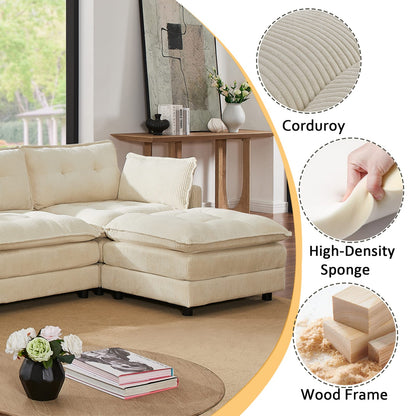 119" L-Shaped Corduroy Sectional Sofa with Ottoman & Console, Beige