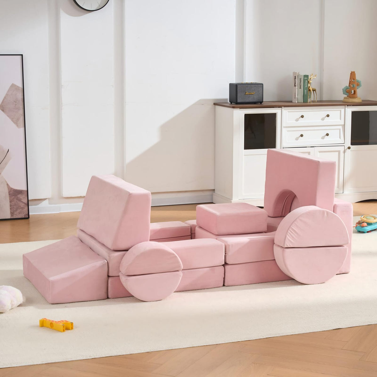 Pink Microfiber Kids Play Couch - 14 Piece Modular Sofa