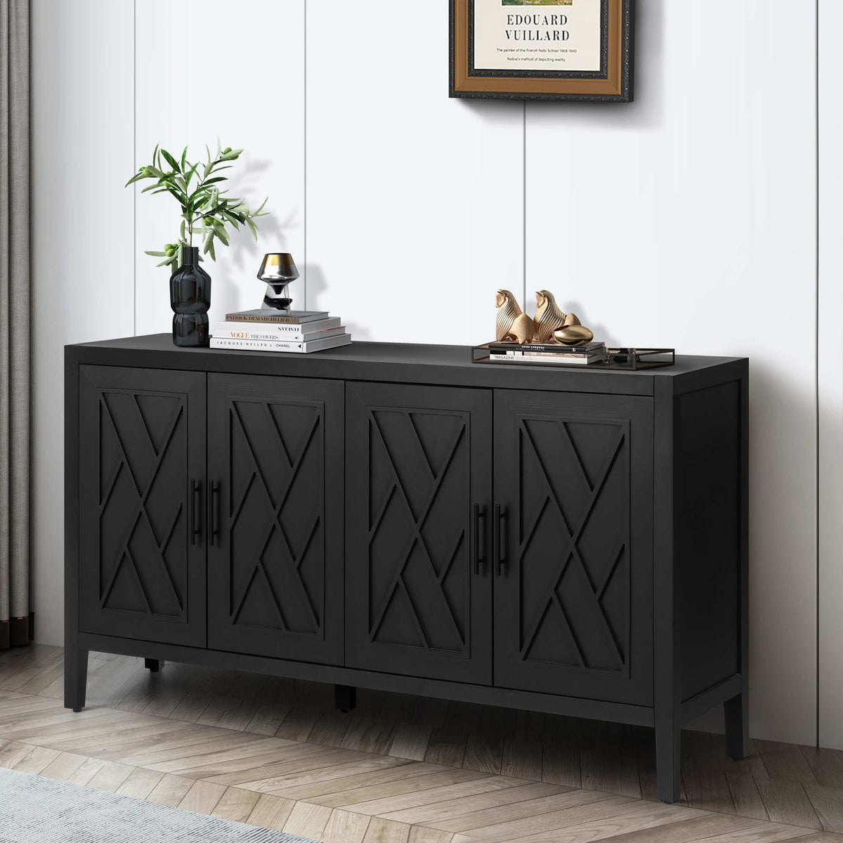 Antique Black 4-Door MDF Storage Cabinet - 59.8" Accent Table for Living Room