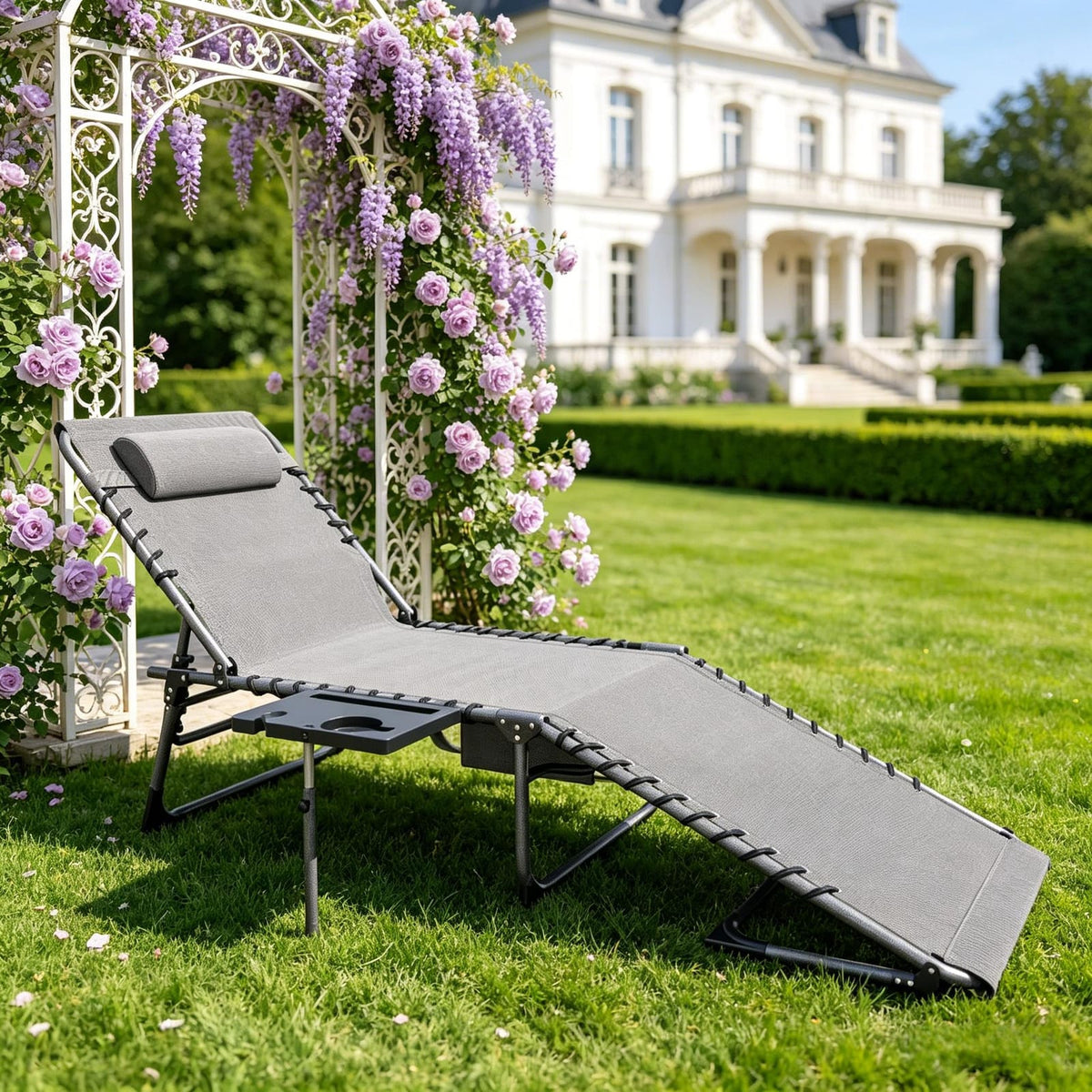 Folding Tanning Chair - Gray Outdoor Chaise Lounge