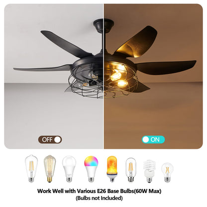 Black Iron Ceiling Fan with Light for Bedroom Decor and Guest Rooms