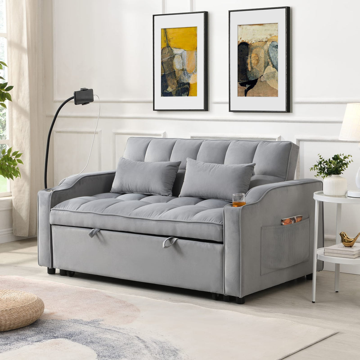 Light Gray Velvet Sofa Bed with Pullout Sleeper Function for Living Room