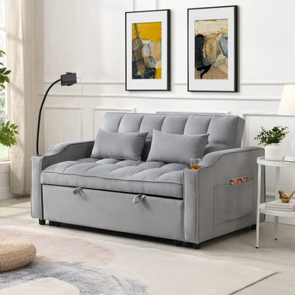 Light Gray Velvet Sofa Bed with Pullout Sleeper Function for Living Room
