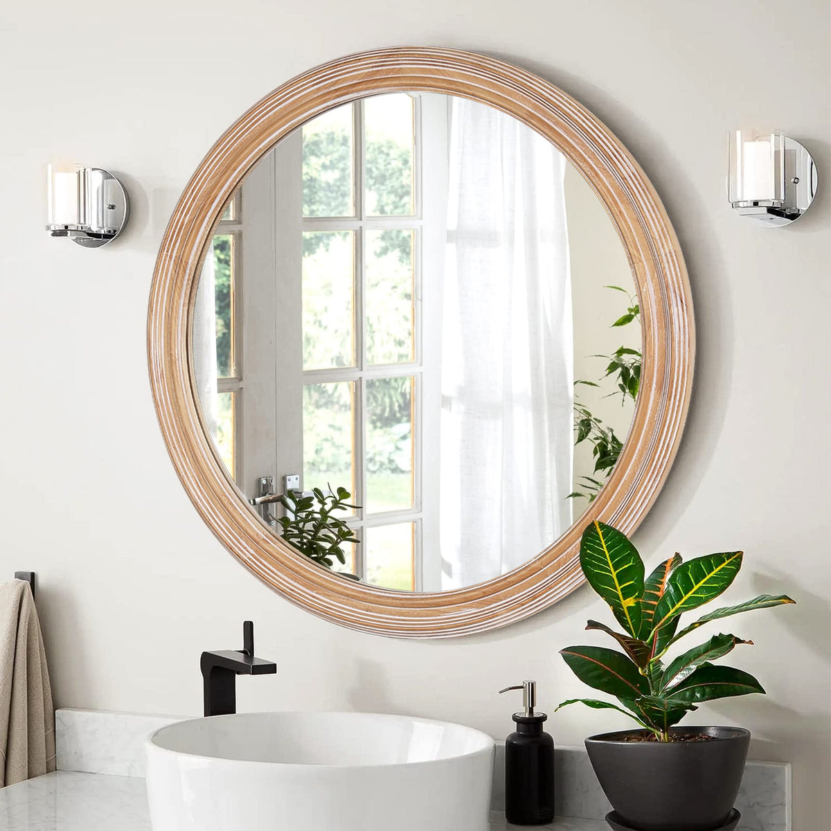 27.5" Round Farmhouse Mirror - Antique Natural Wood Frame