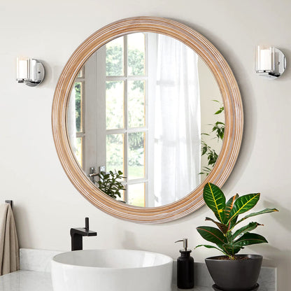 27.5" Round Farmhouse Mirror - Antique Natural Wood Frame