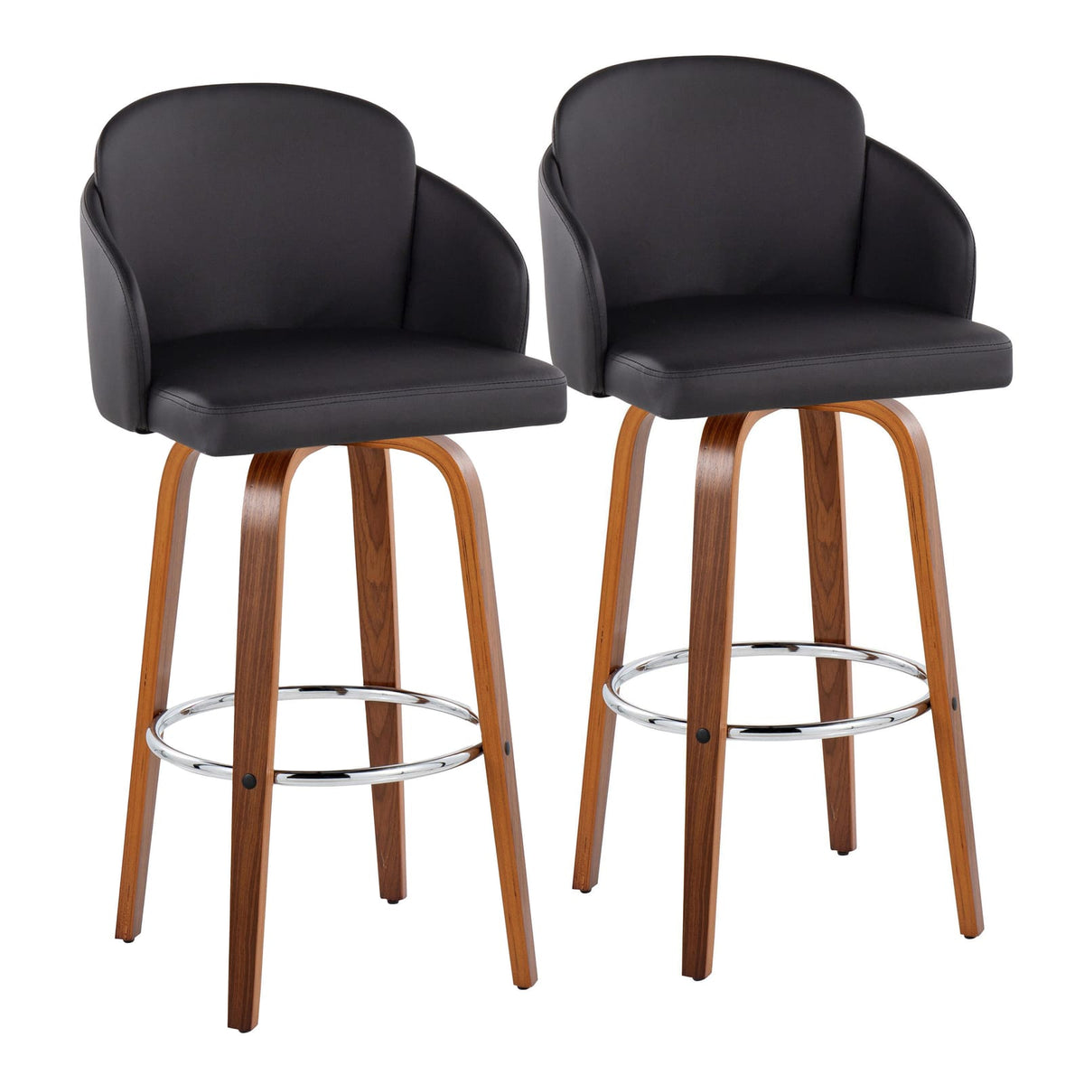 Fixed-Height Barstool Set - Black Faux Leather & Walnut Wood