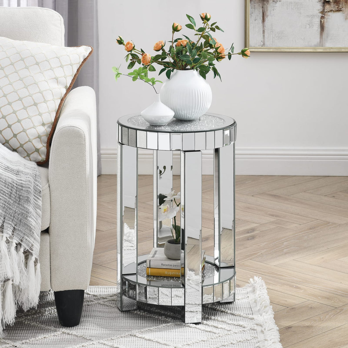 Round Silver Mirrored End Table - Living Room Coffee Table